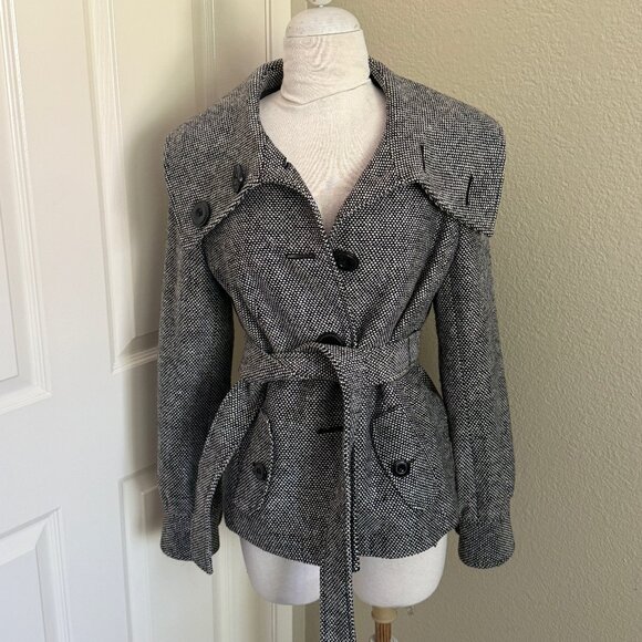 Halogen Black & White Wool-Blend Crop Belted Peacoat Jacket Blazer M - Picture 1 of 9